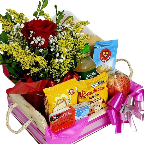 Cesta Pequena Pães Frios Frutas e Rosas