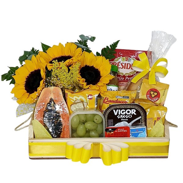 Cesta Média Pães Frios Frutas e Girassol