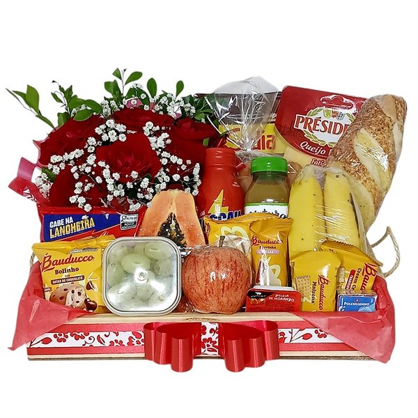 Cesta Grande Pães Frios Frutas e Rosas