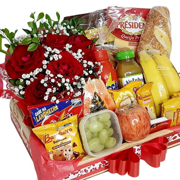 Cesta Grande Pães Frios Frutas e Rosas