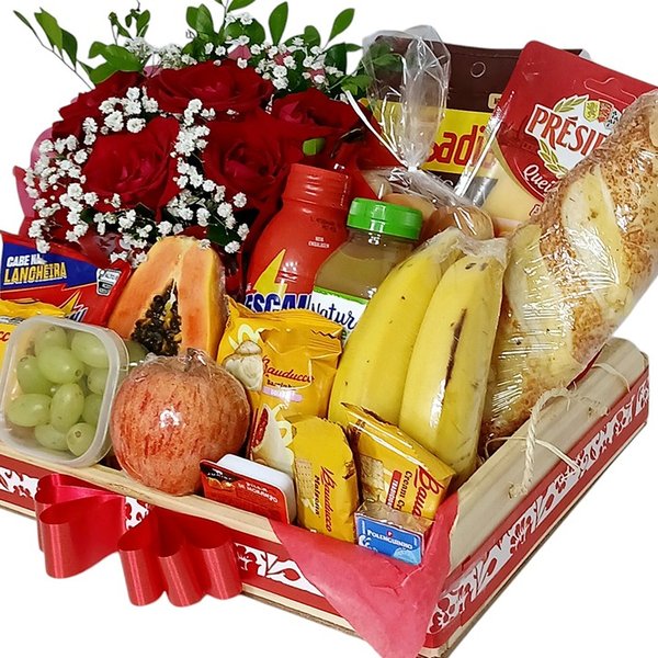 Cesta Grande Pães Frios Frutas e Rosas