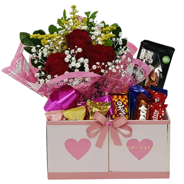 Box Duplo Com Rosas e Chocolates Dia da Mulher