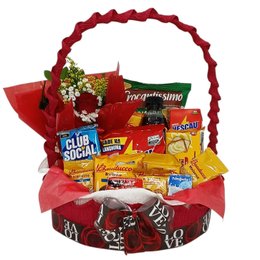 Imagem de Cesta de Café da Manhá Média com Arranjo de Rosa