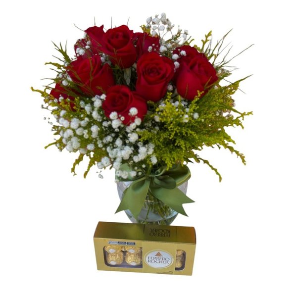 Arranjo 20 Rosas em Vidro com Ferrero Rocher T8