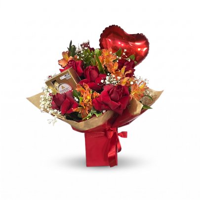 Arranjo 5 Rosas, Balão & Ferrero Rocher 4un