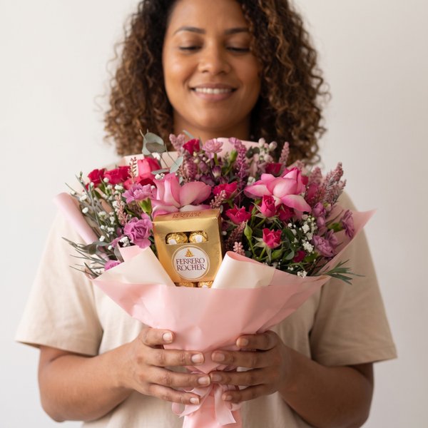 Buquê 4 Rosas 'Pink' & Ferrero Rocher 8un