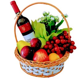 Imagem de Cesta de Frutas Flores e Vinho