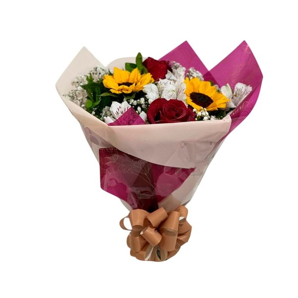 Buquê de Rosas Vermelhas Premium com Girassol