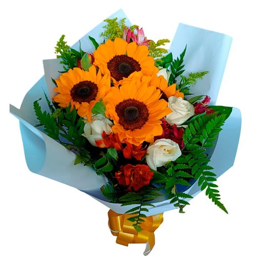 Buquê Girassóis e rosas brancas