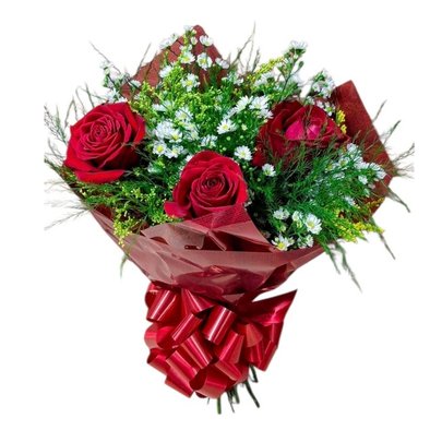 Buquê  Encanto ll com 03 rosas vermelhas