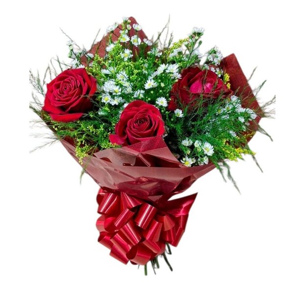 Buquê  Encanto ll com 03 rosas vermelhas  