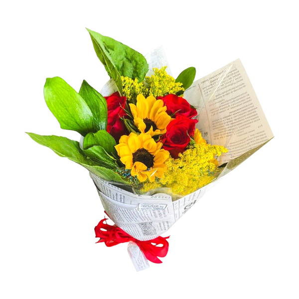 Buquê Romântico com 3 Rosas e 3 Girassóis  