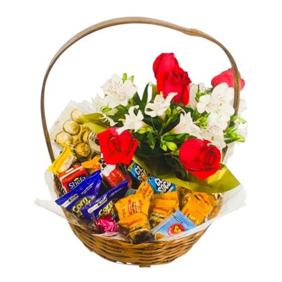 Cesta com Chocolate Rosas e Flores