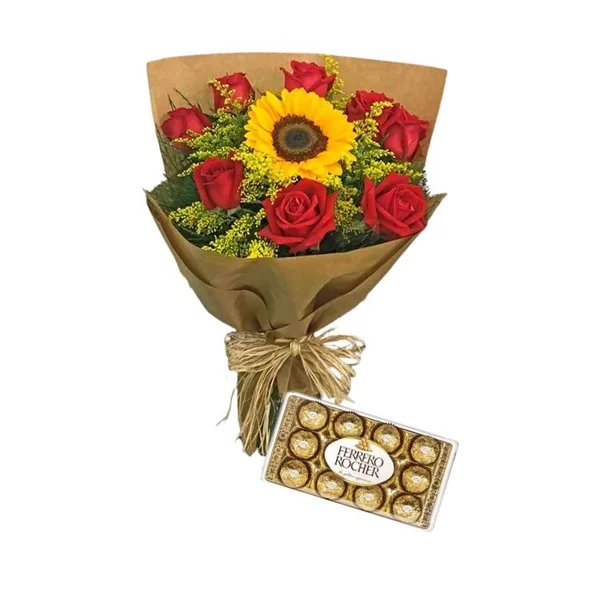 Buquê com 8 rosas e 1 Girassol e Ferrero Rocher