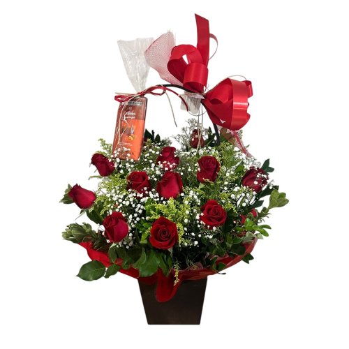 Cesta de 12 Rosas e Chocolate