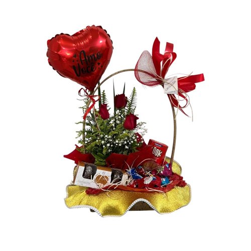 Imagem de Cesta com Arranjo Rosas e Chocolates