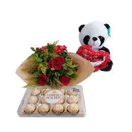 Imagem de Buquê de Rosas com Pelúcia e Ferrero Rocher