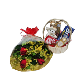 Imagem de Cesta Presente com 3 Rosas Vermelhas Mini Pelúcia 