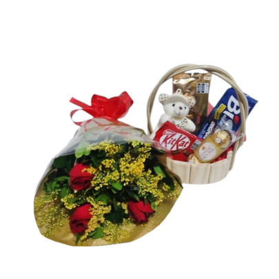 Cesta Presente com 3 Rosas Vermelhas Mini Pelúcia