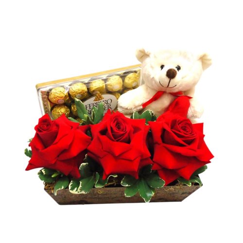 Jardineira de Rosas com Urso e Ferrero Rocher