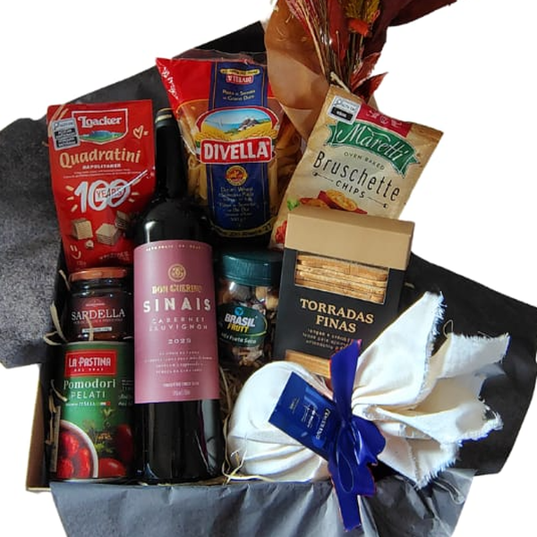 Cesta Gourmet c/ Vinho, Massa Italiana e Chocolate