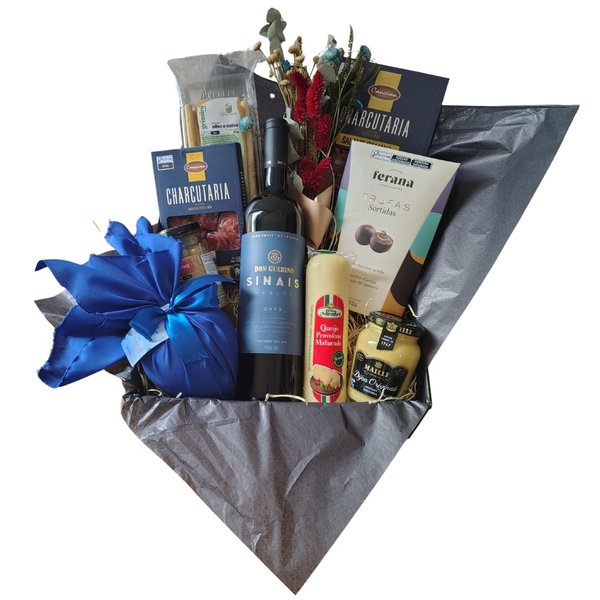 Cesta Presente com Vinho, Aperitivos e Chocolates Pais