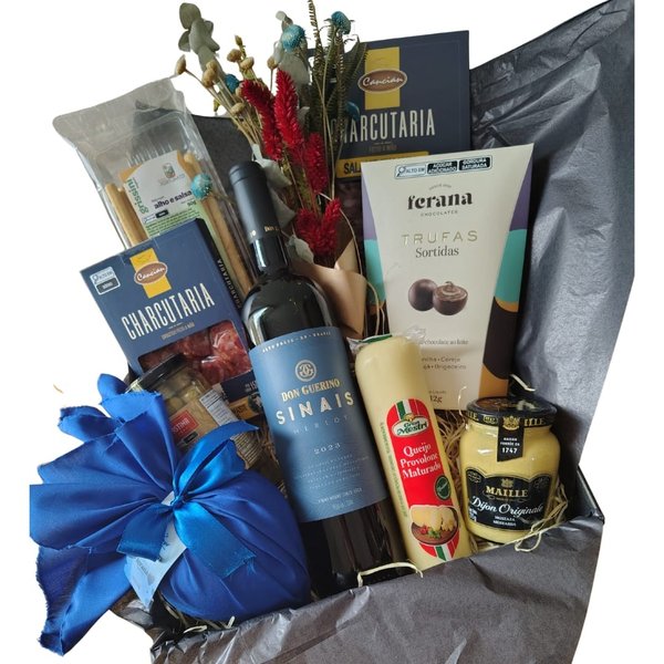 Cesta Presente com Vinho, Aperitivos e Chocolates Pais