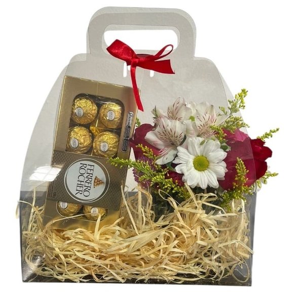 GlassBloom Cesta de Flores e Chocolates Ferrero Rocher