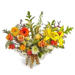 Imagem de Arranjo Frutos do Sol com Flores e Frutas em Cachepô
