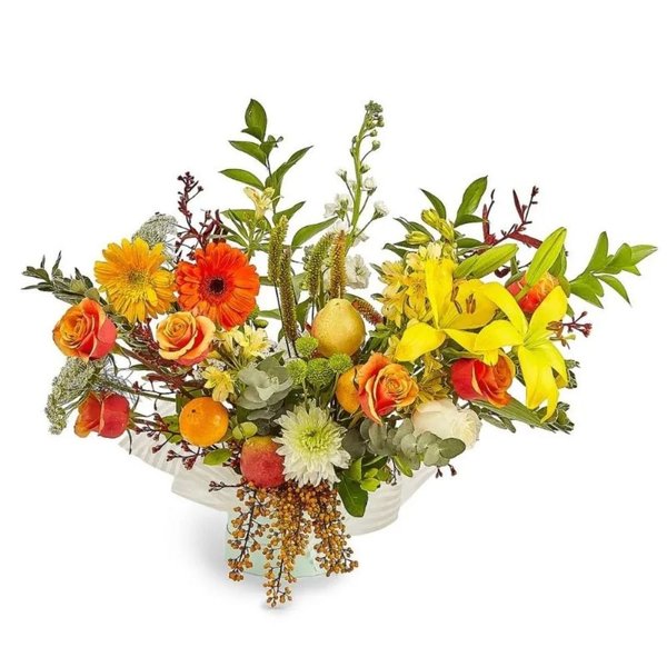 Arranjo Frutos do Sol com Flores e Frutas em Cachepô