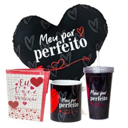 Imagem de Kit Par Perfeito Caneca Copo Almofada Coração e Cartão
