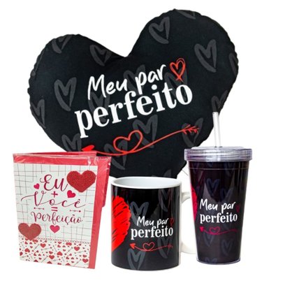 Kit Par Perfeito Caneca Copo Almofada Coração e Cartão