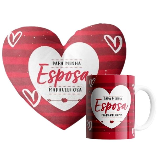Kit Almofada Coração e Caneca Minha Esposa Maravilhosa