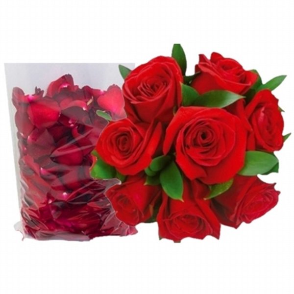 Buquê Com 8 Rosas Colombianas e Pétalas