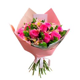 Imagem de Buquê de 12 Rosas Pink com Astromélias 