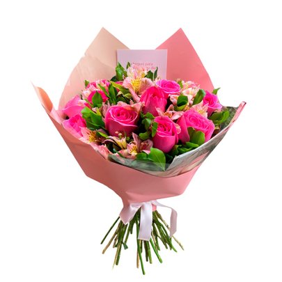 Buquê de 12 Rosas Pink com Astromélias
