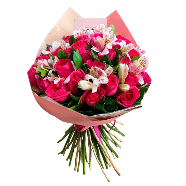 Buquê de 36 Rosas Pink com Astromélias 
