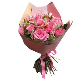 Imagem de Buquê de 12 Rosas Cor de Rosa com Astromélias 