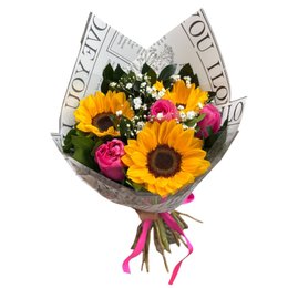 Imagem de Buquê Baby de Rosas Pink com Girassóis 