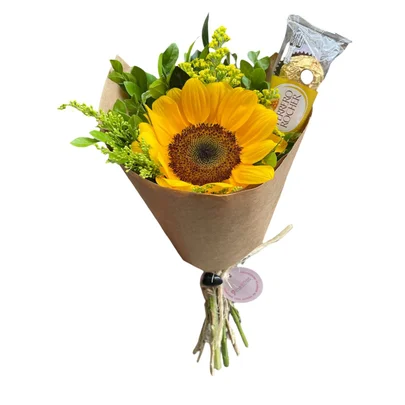 Ramalhete de Girassol com  Trio Ferrero Rocher