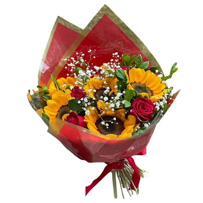 Buquê de Rosas Vermelhas com Girassóis Especial