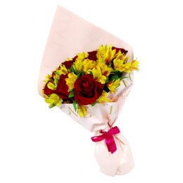 Imagem de Buquê de 12 Rosas Vermelhas e Astromélias Amarelas
