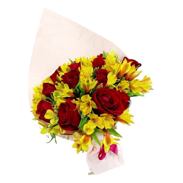 Buquê de 12 Rosas Vermelhas e Astromélias Amarelas