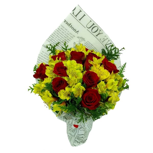 Buquê de 12 Rosas Vermelhas e Astromélias Amarelas