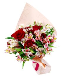 Imagem de Buquê de 12 Rosas Vermelhas e Astromélias Rosas