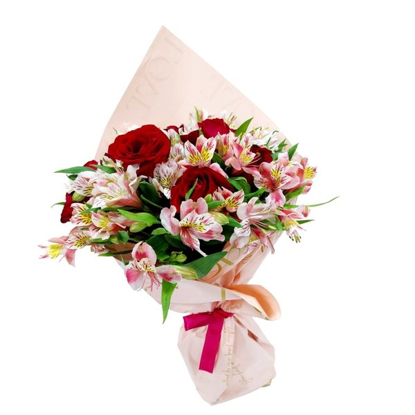 Buquê de 12 Rosas Vermelhas e Astromélias Rosas