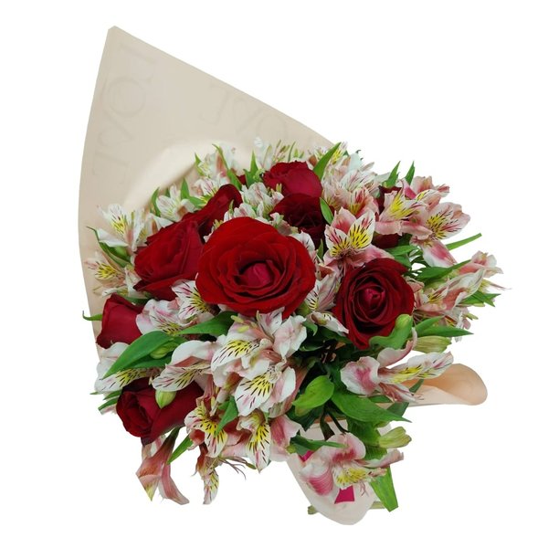 Buquê de 12 Rosas Vermelhas e Astromélias Rosas