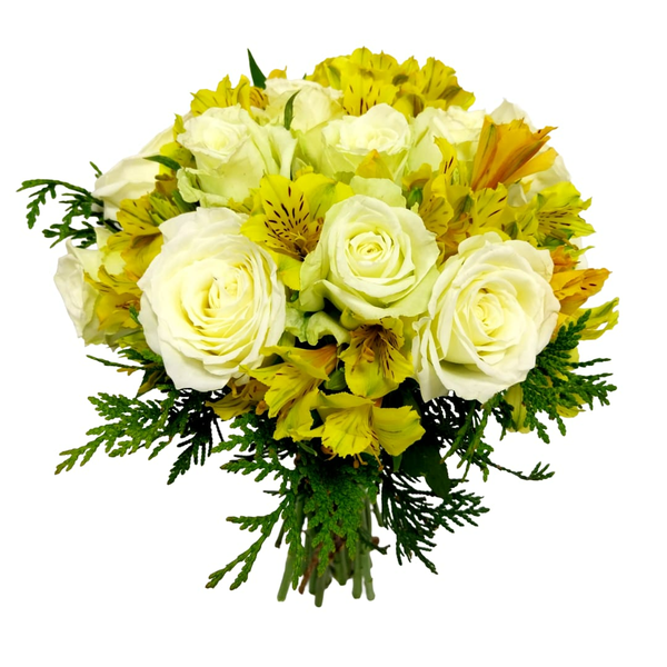 Buquê de 15 Rosas Brancas com Astromélias