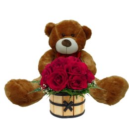 Imagem de Urso Teddy com Cachepot de Rosas Vermelhas