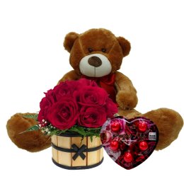 Imagem de Urso Teddy com Cachepot de Rosas Vermelhas e Chocolate